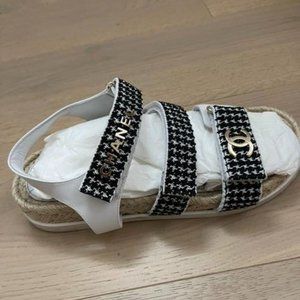 CHANEL DAD SANDALS, POLKADOT BLACK & WHITE TWEED